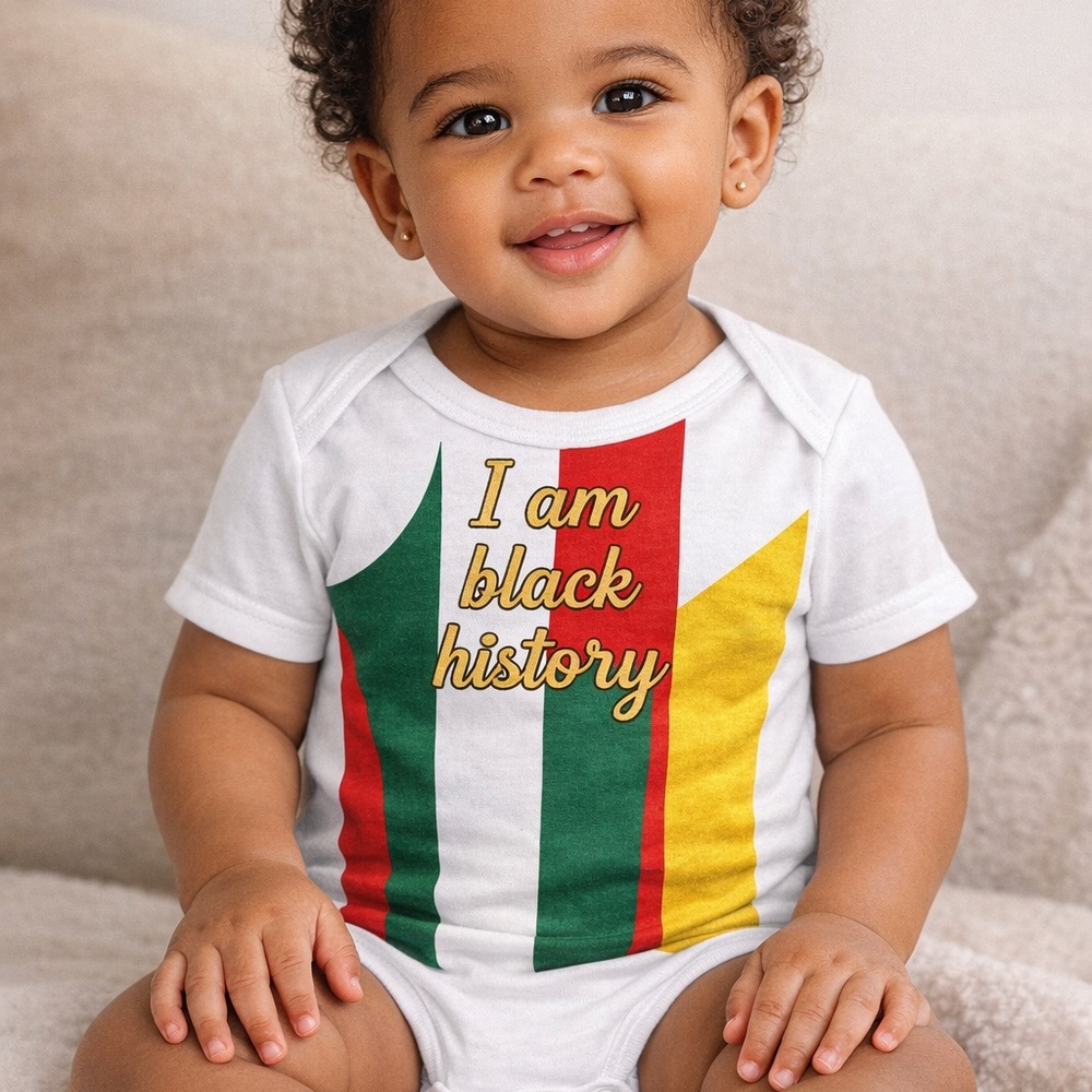 Baby One-Piece Bodysuit with 'I Am Black History' Print - White